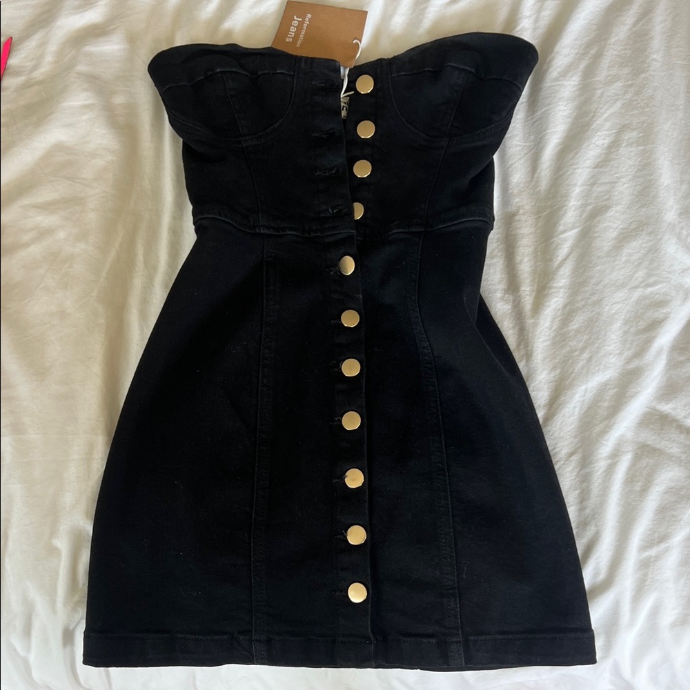 Reformation Black Strapless Dress with Gold Buttons
